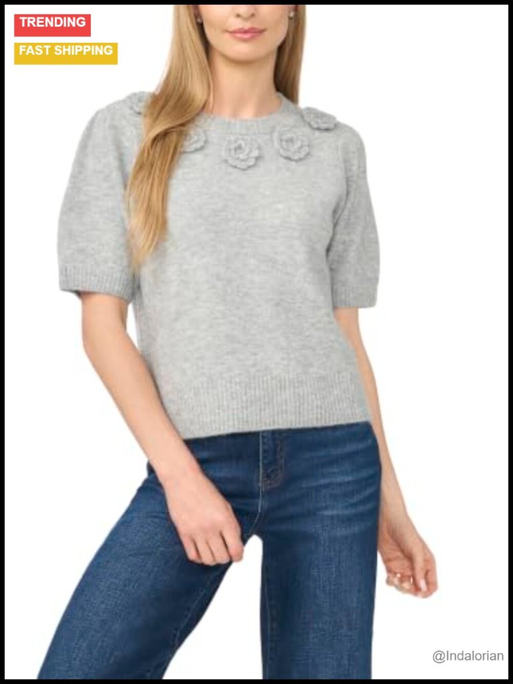 Short Sleeve Floral Applique Crew Neck Pullover Sweater